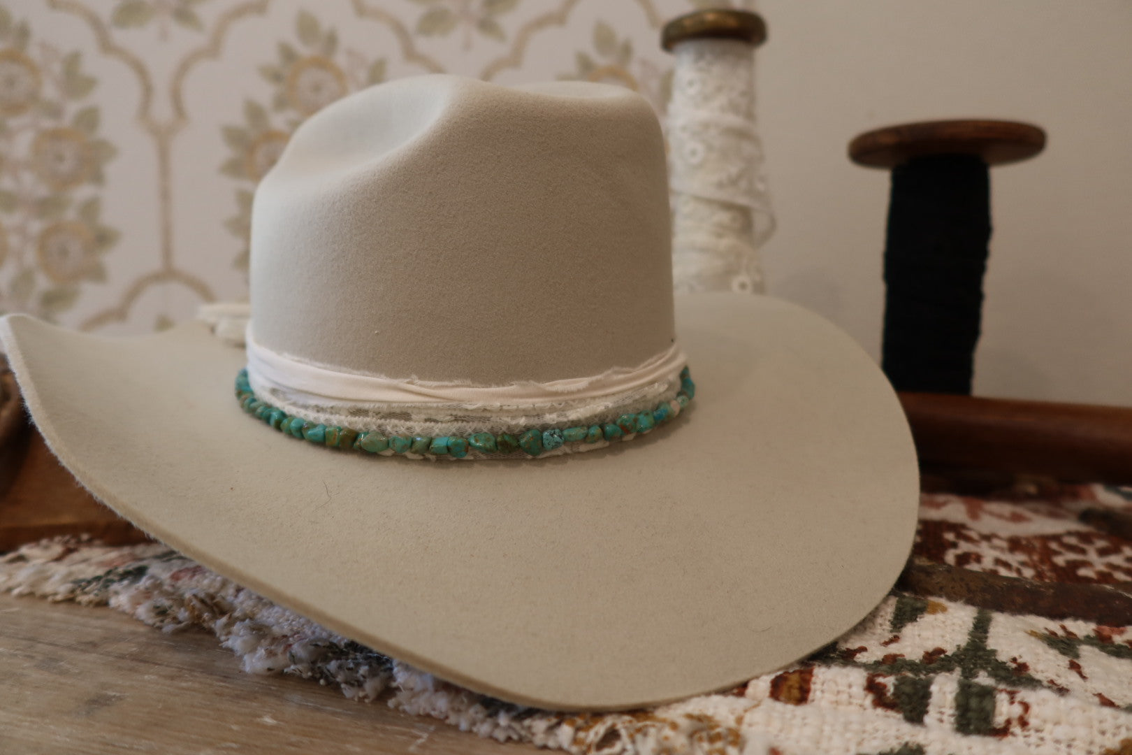 Steer Head Hat Band Metal Turquoise Stone Jasmine Hat Band - Turquoise – Christina Greene main image 2