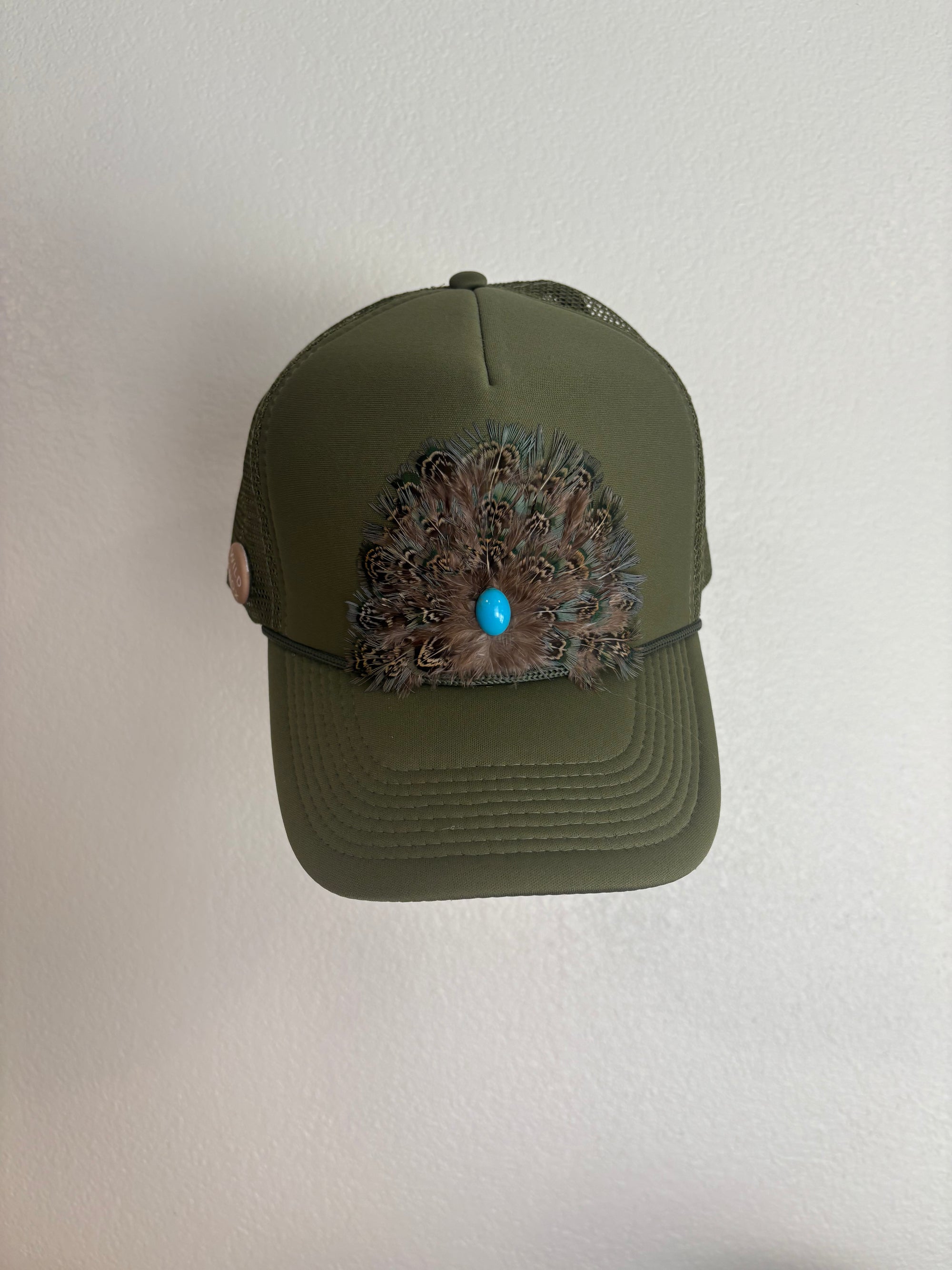 Army Green Feather Truck Hat With Stone