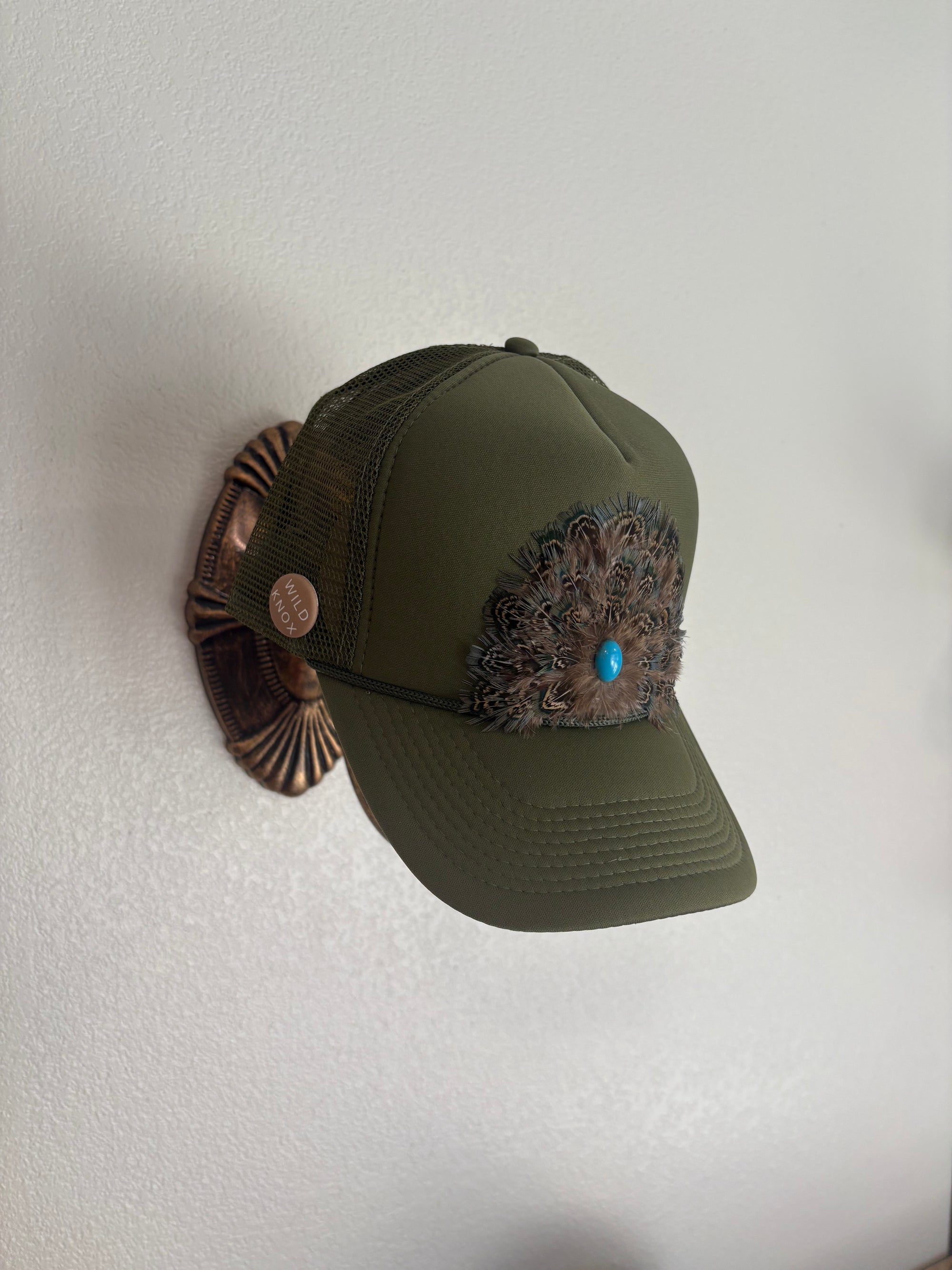 Army Green Feather Truck Hat With Stone